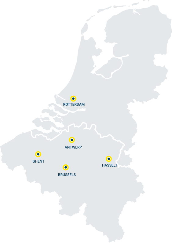 Carte de la Belgique et des Pays-Bas avec emplacements des bureaux