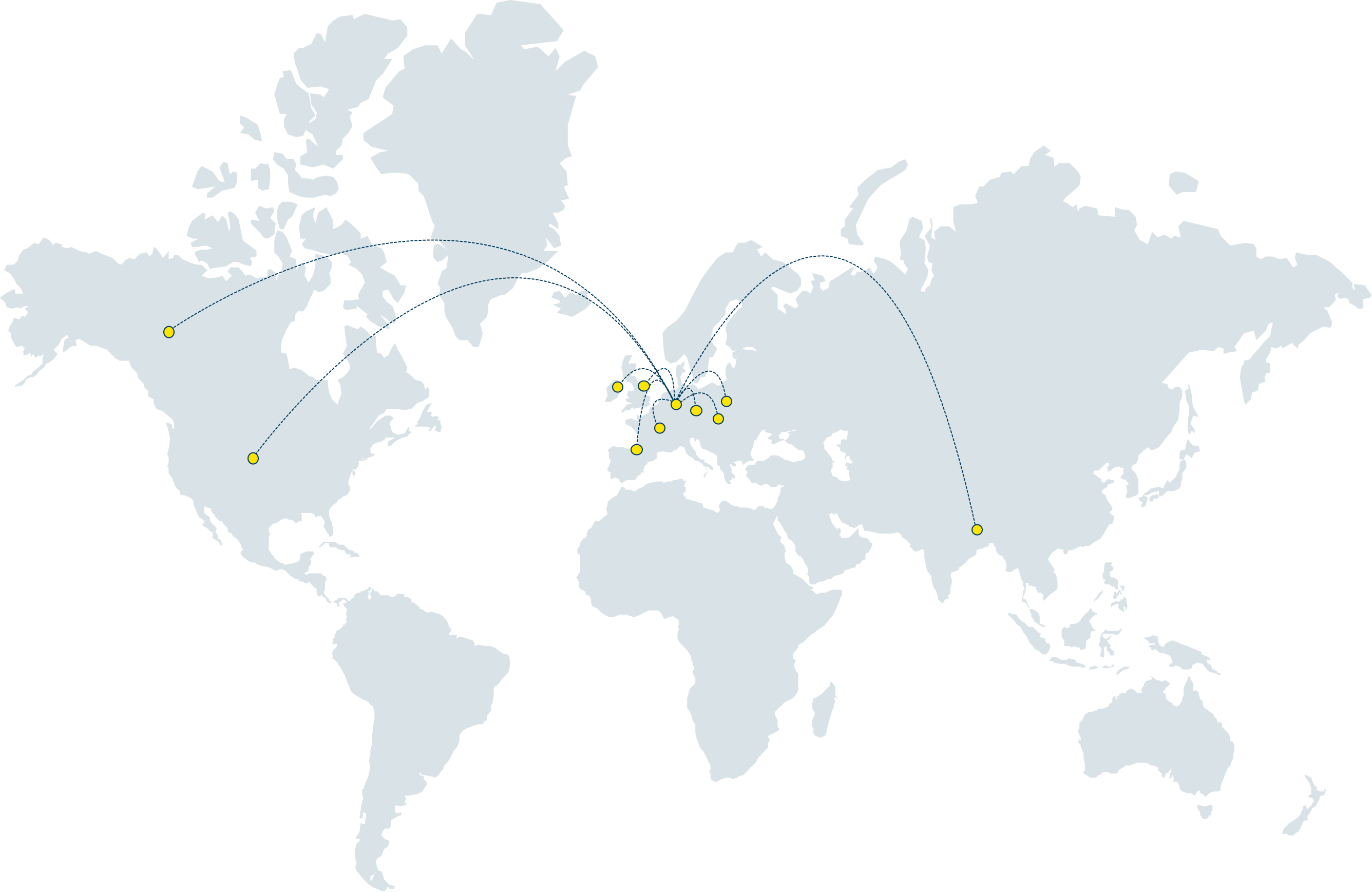 Wereldkaart met visualisatie van internationale samenwerkingen